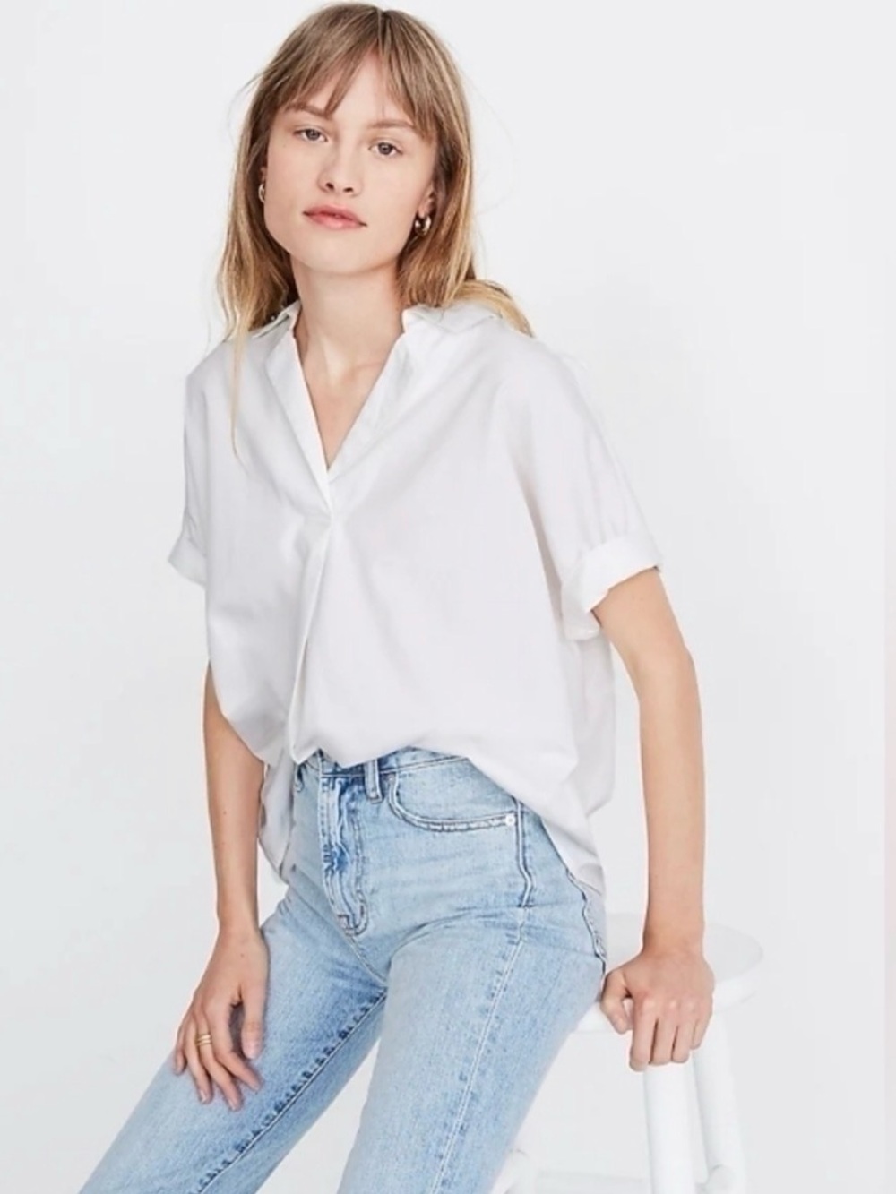 Madewell White Short-Sleeve V-Neck Relaxed Blouse